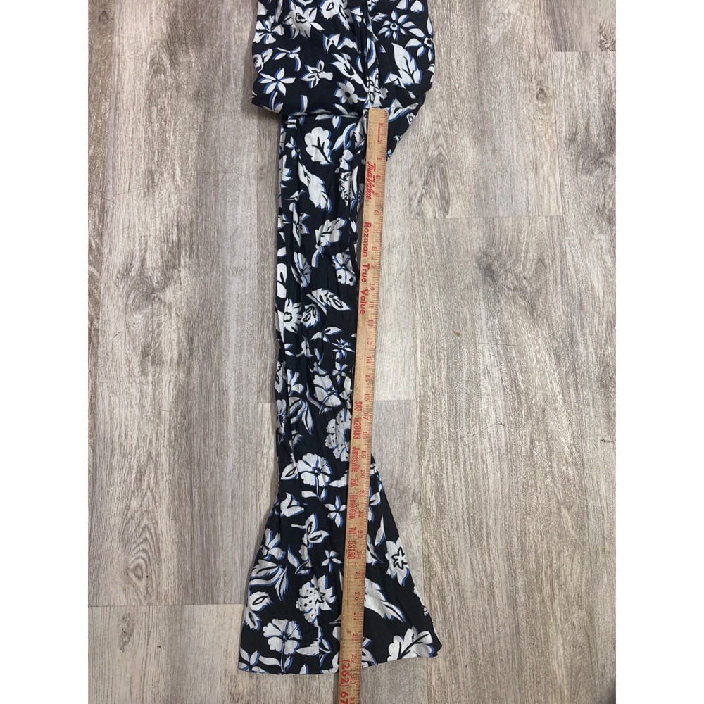 Zara Floral High Waisted Wide Leg Flare Pants Black White Blue Boho Size Medium - Picture 7 of 9